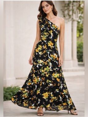 Mac Duggal Black Multi Floral One Shoulder Midi Dress New With Tags